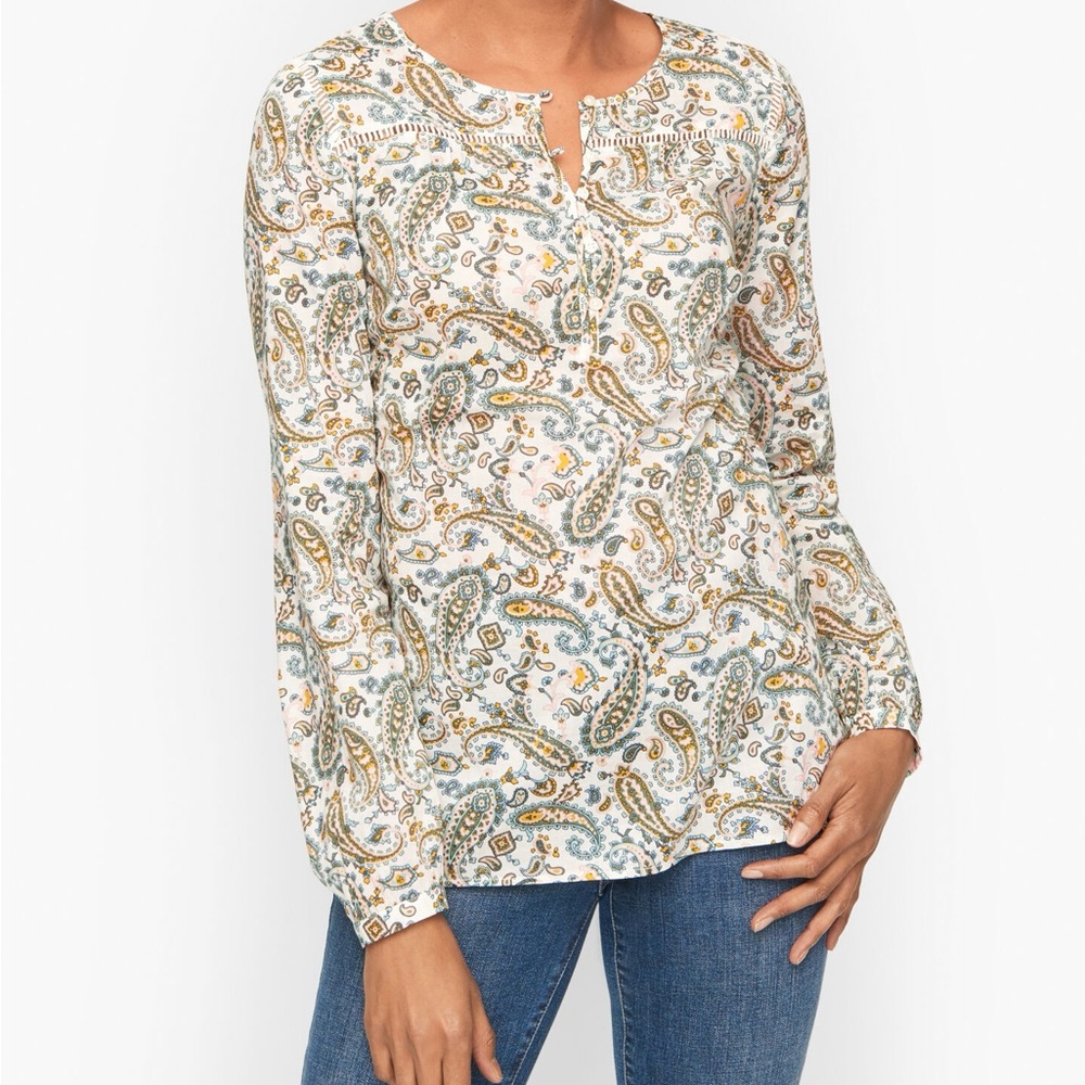 Talbots White Paisley Long-Sleeve Blouse with Gold and Blue Accents